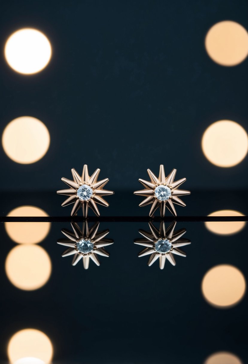 A pair of starburst-shaped stud earrings, twinkling against a dark background