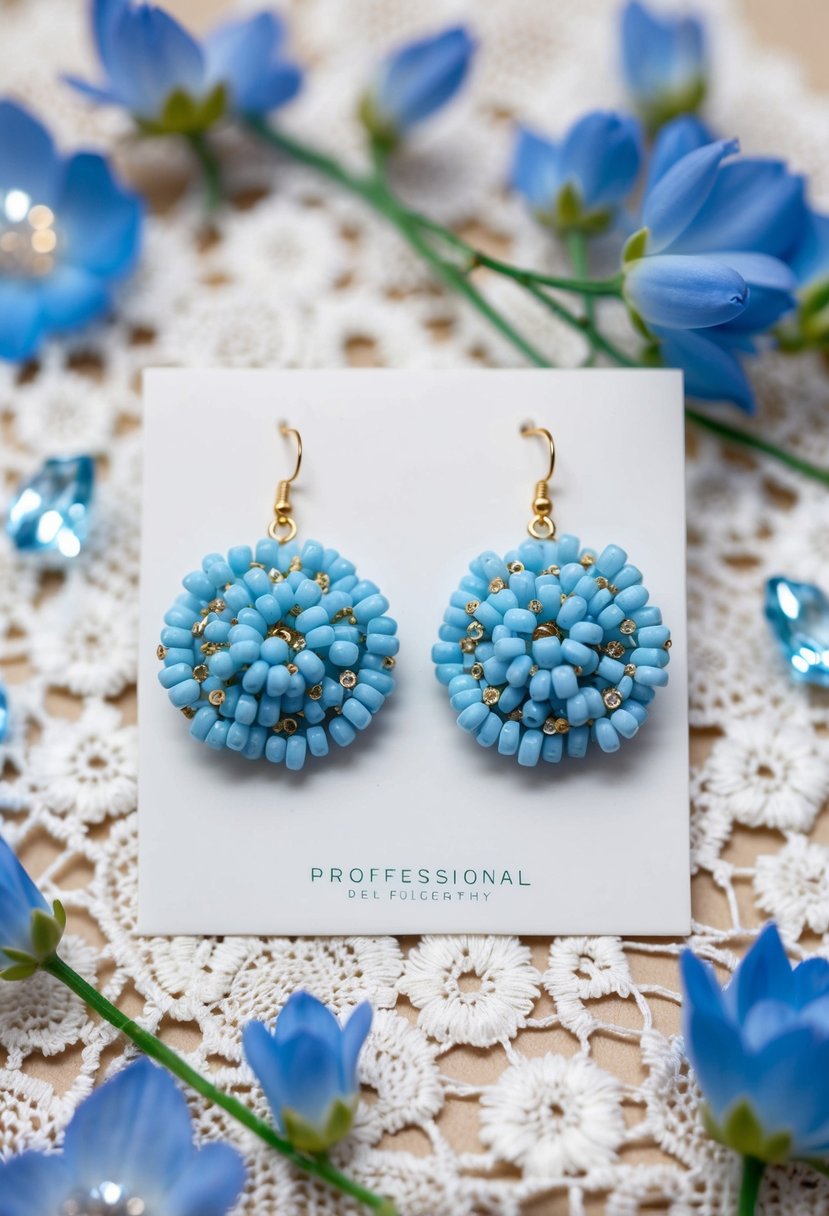 A pair of light blue beaded cluster earrings displayed on a white lace background, surrounded by delicate blue flowers and sparkling crystals