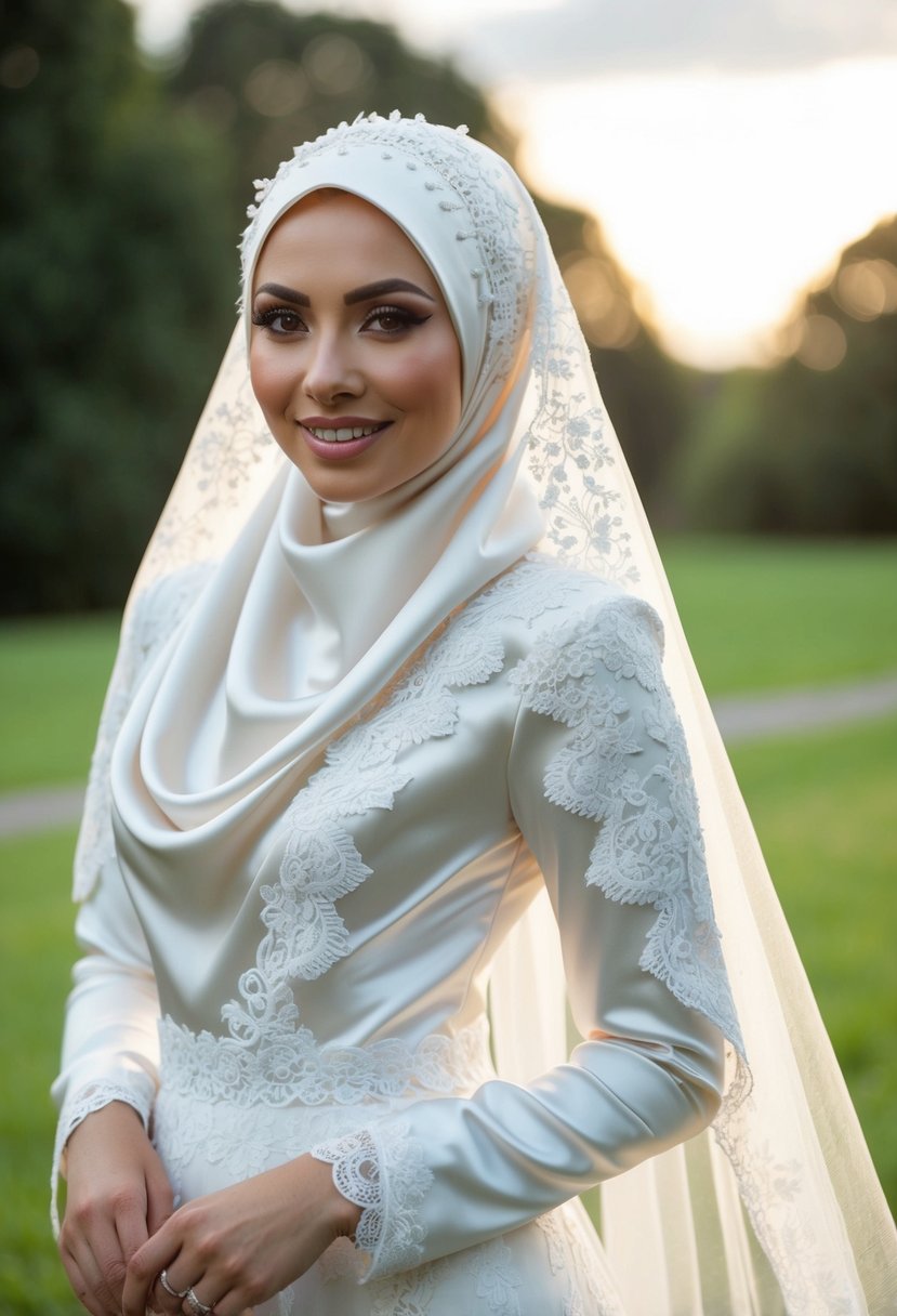 A bride wearing a satin finish hijab with intricate lace details on a flowing wedding dress