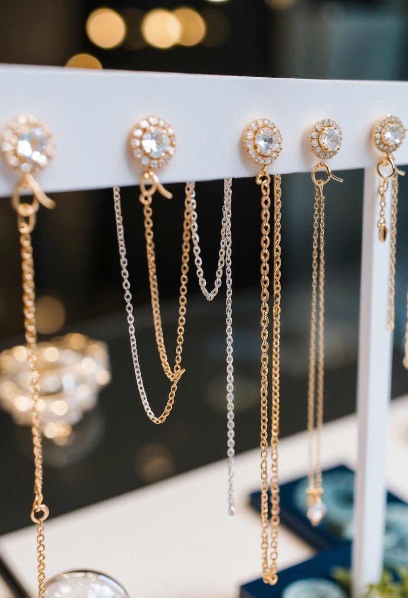 Delicate chain earrings dangling from a display, surrounded by other wedding jewelry ideas