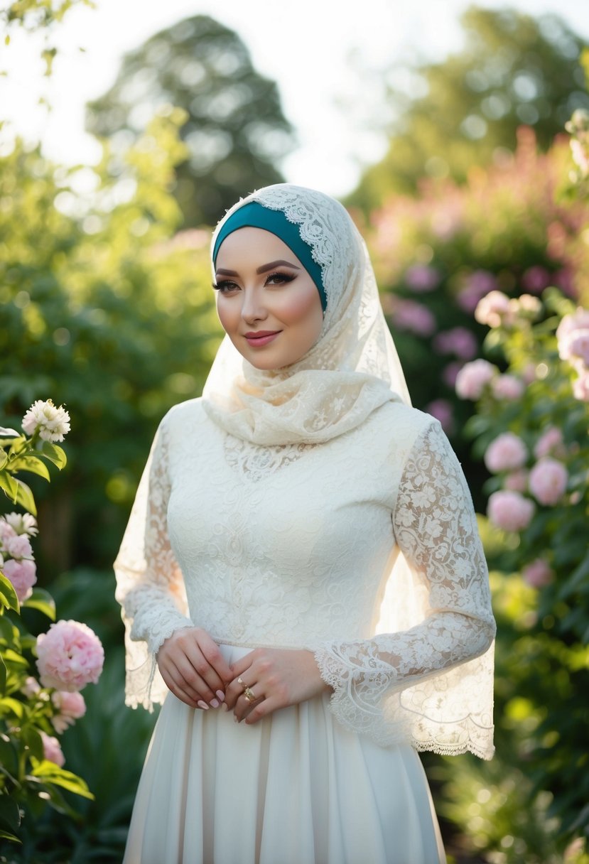 A bride wearing a vintage lace hijab stands in a garden, surrounded by blooming flowers and soft sunlight