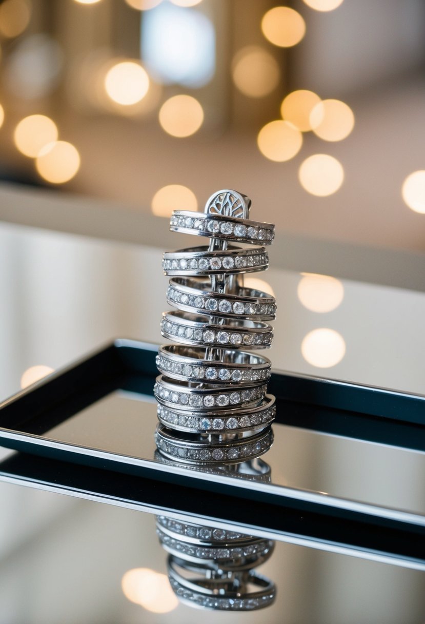 A display of Art Deco clip-on wedding earrings stacked on a sleek, mirrored surface