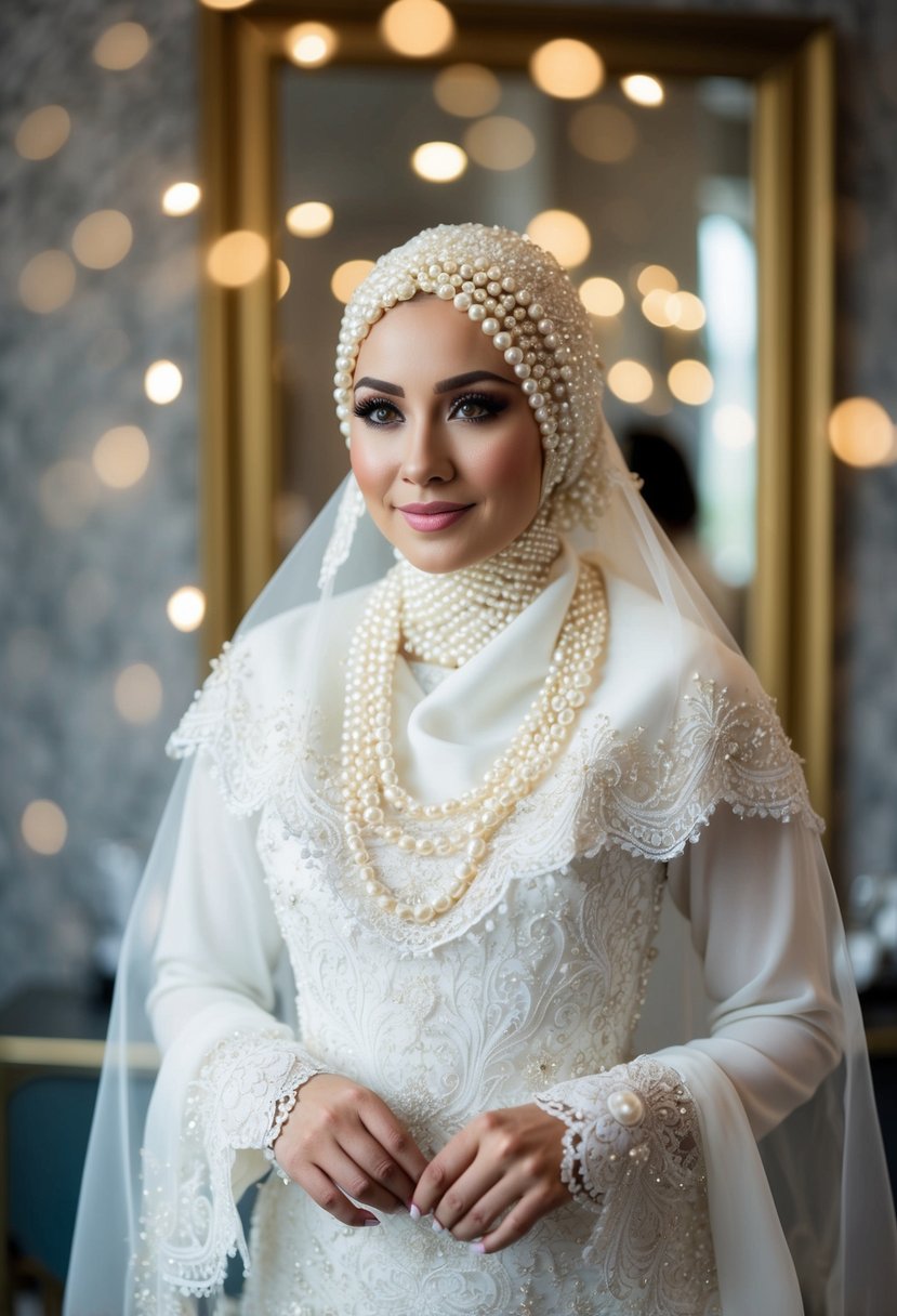 A bride wearing a pearl-studded hijab, with intricate lace and flowing fabric, standing in front of a mirror