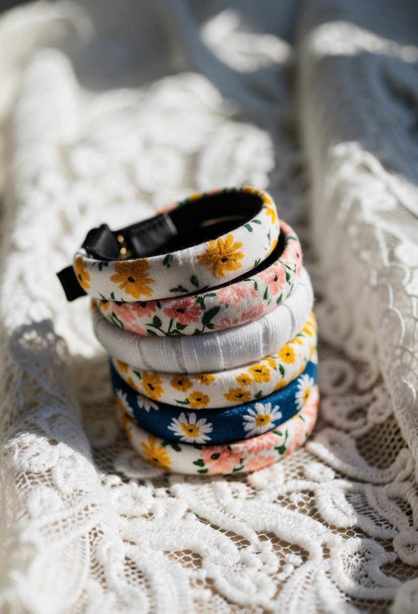 A delicate stack of floral motif ear wraps arranged on a white lace background, with soft lighting casting gentle shadows