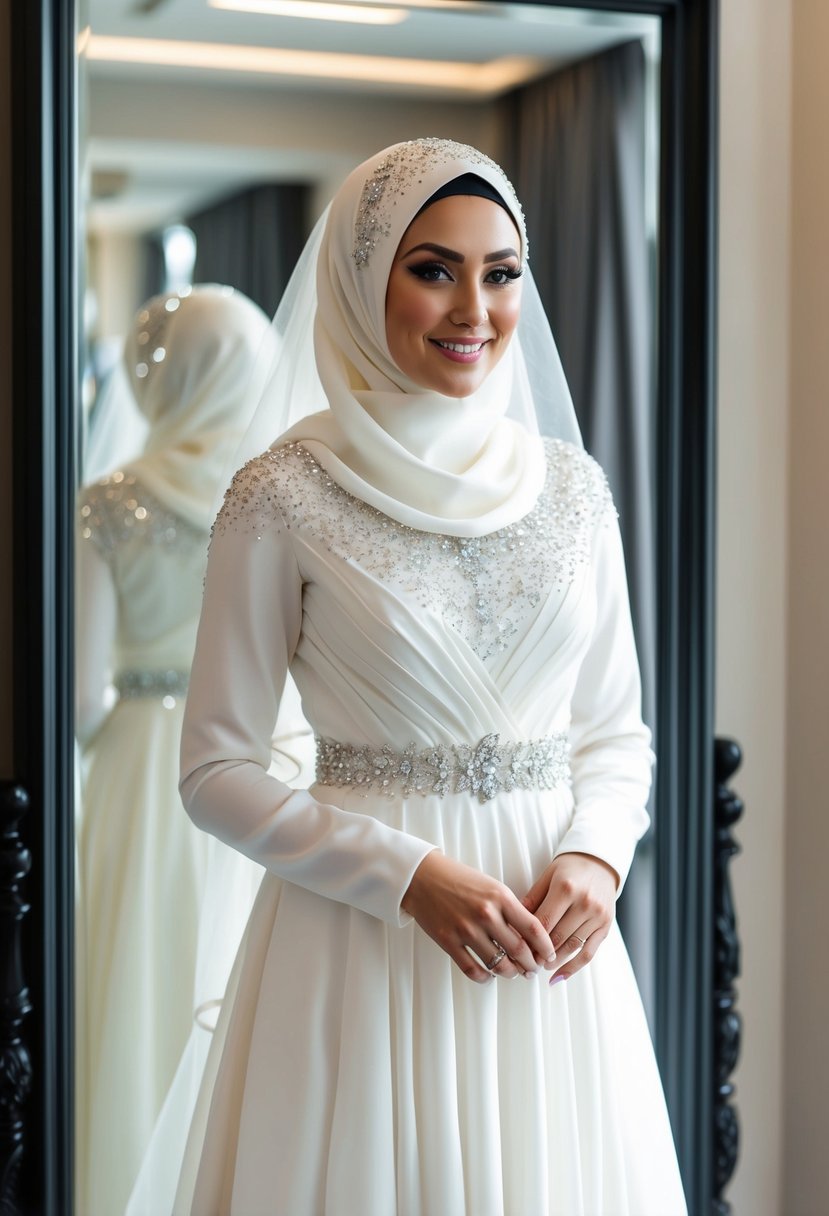 A bride wearing a rhinestone-accented hijab with a flowing wedding dress, standing in front of a mirror