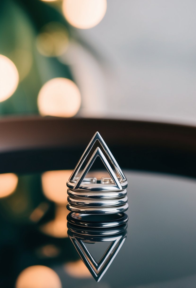 A pair of sleek, geometric silver triangle earrings stacked on a reflective surface