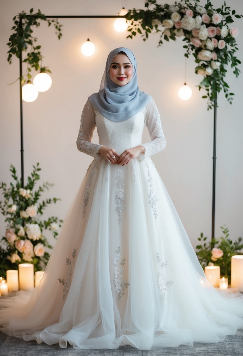 A bride standing in a tulle hijab wedding dress adorned with delicate appliqués, surrounded by soft lighting and floral accents