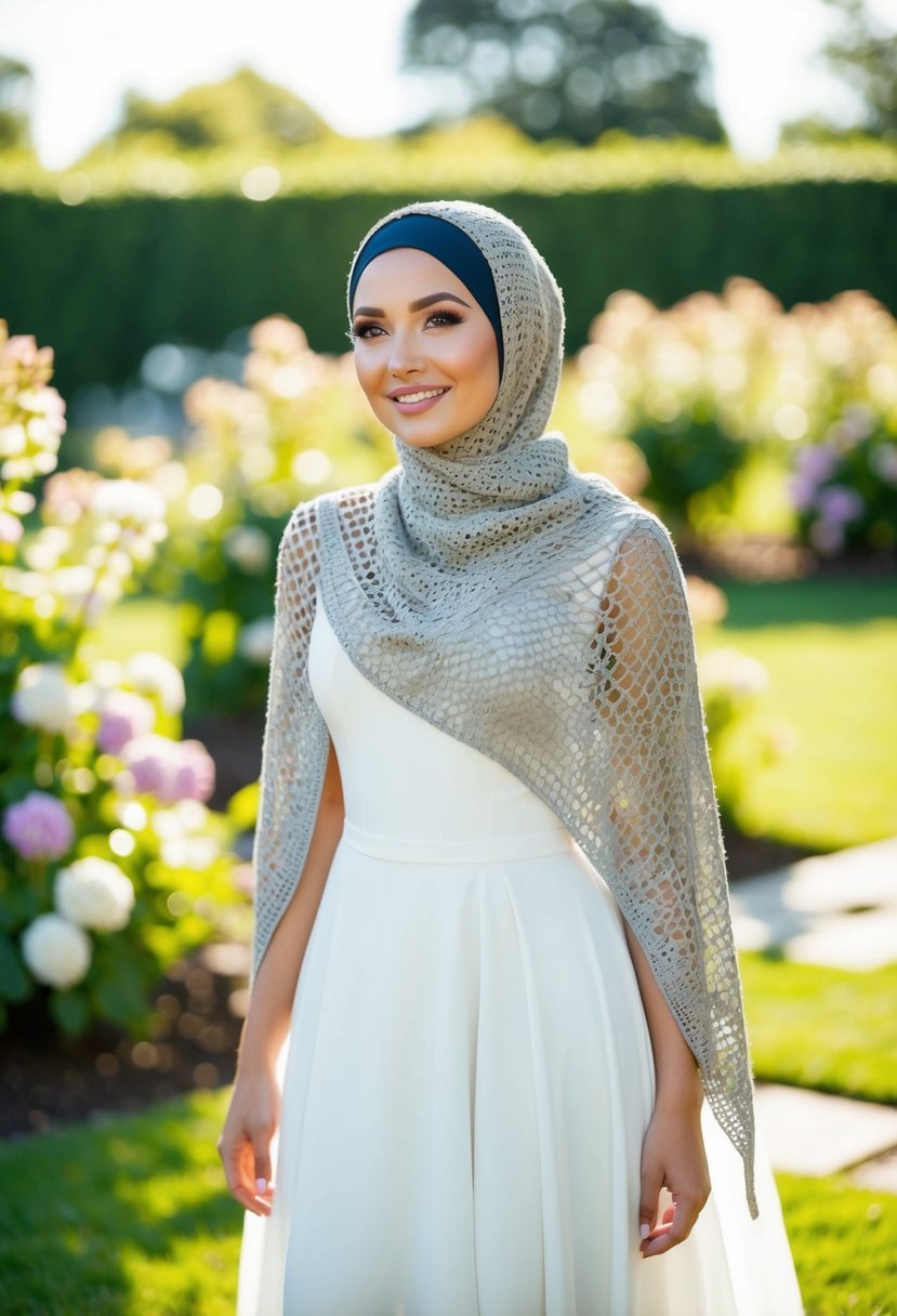 A bride wearing a modern crochet hijab wedding dress, standing in a sunlit garden with flowers in the background