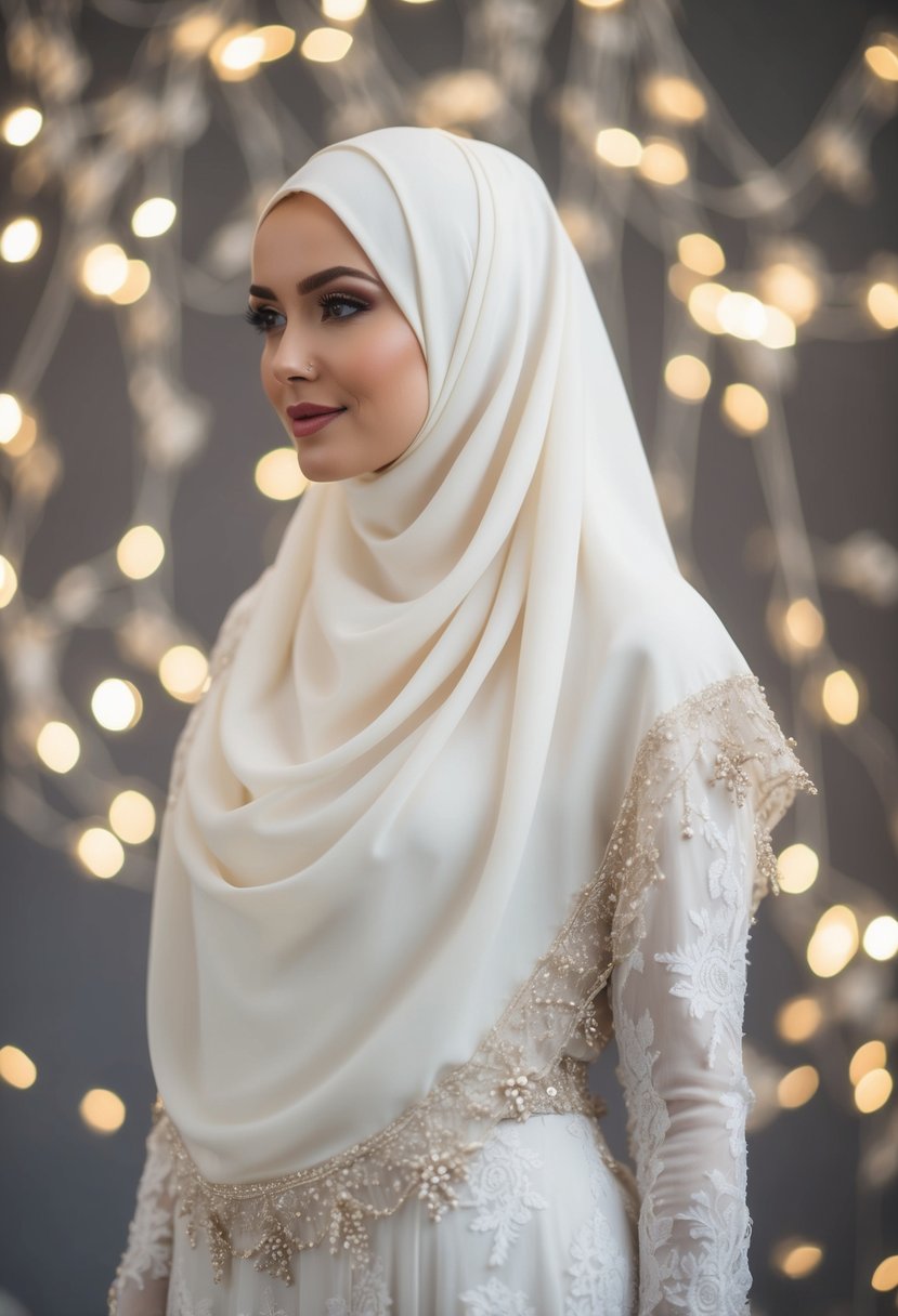 An ivory-colored hijab drapes over a flowing wedding dress, adorned with delicate lace and intricate beading