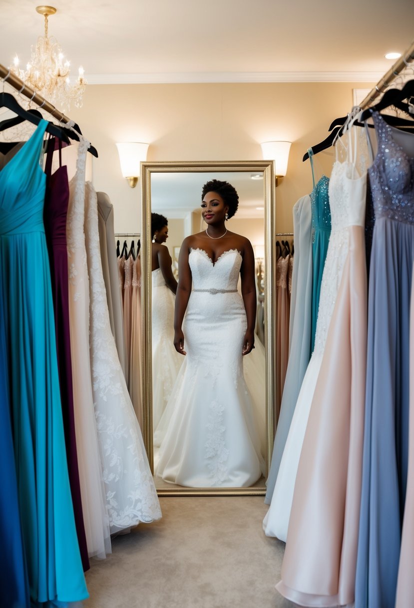 A black woman stands in front of a mirror, trying on various wedding dresses in different styles and silhouettes, surrounded by racks of elegant gowns