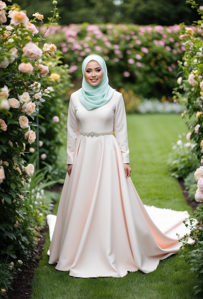 A bride in a pastel tone hijab stands in a garden, surrounded by blooming flowers and lush greenery, her dress flowing elegantly around her