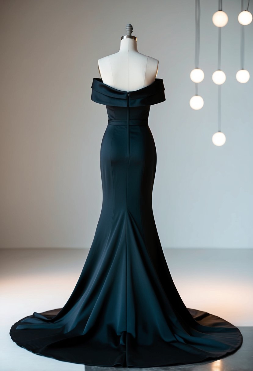 A black off-shoulder dress with elegant draping and a sleek silhouette, set against a minimalist backdrop with soft lighting