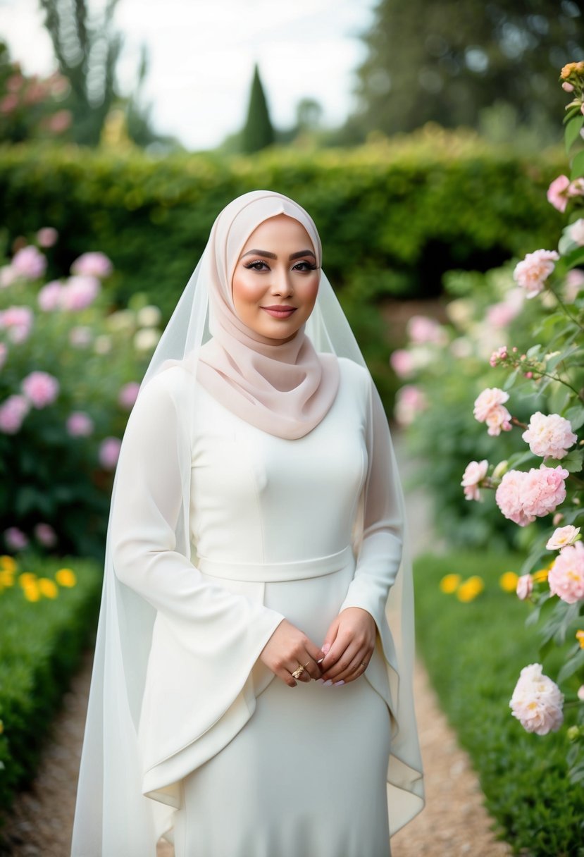 A bride in a sheer overlay hijab stands in a garden, surrounded by blooming flowers and lush greenery, with a serene and elegant expression on her face