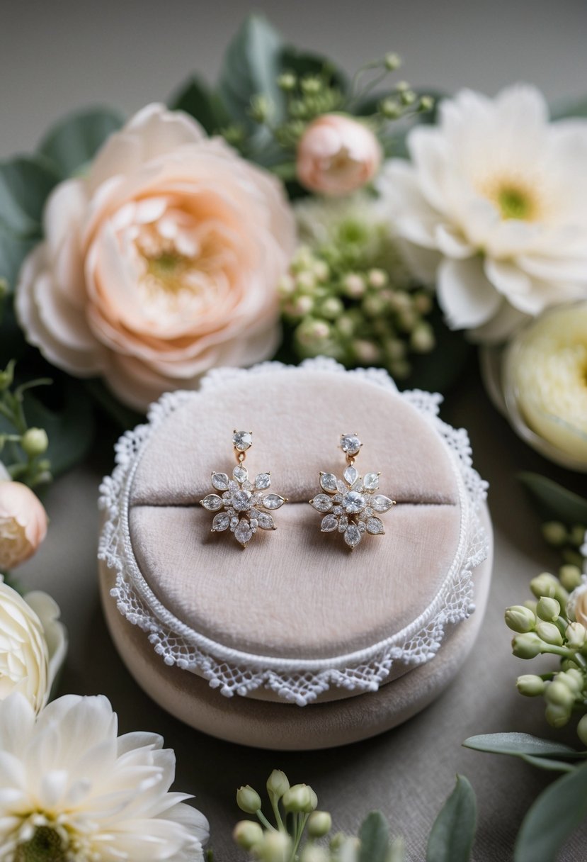 A delicate pair of wedding earrings displayed on a lace-trimmed velvet cushion, surrounded by soft, pastel-colored flowers and greenery