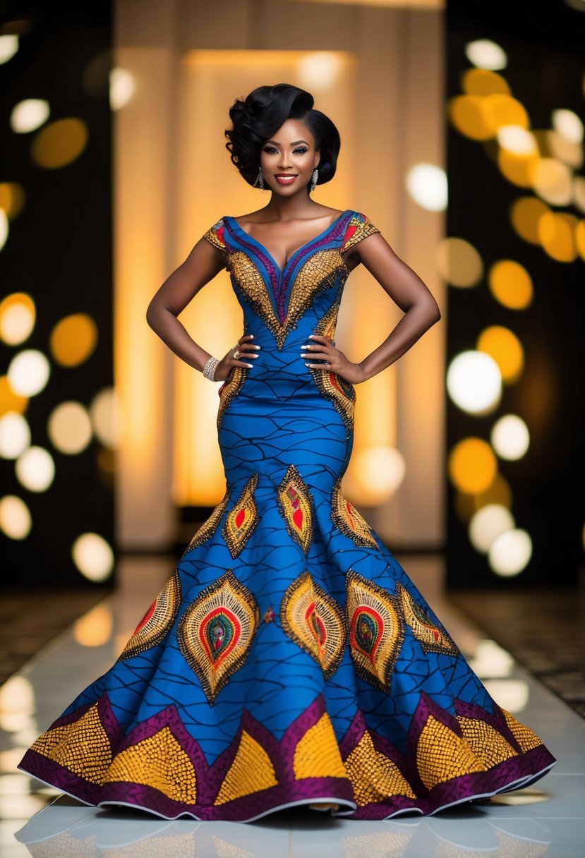 A black woman stands in a regal Ankara style wedding dress, adorned with vibrant patterns and bold colors, exuding confidence and elegance