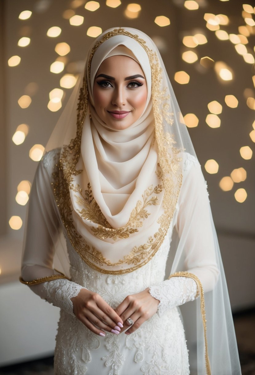 A flowing gold thread embroidery hijab drapes over a delicate ivory wedding dress, creating a stunning and elegant bridal ensemble