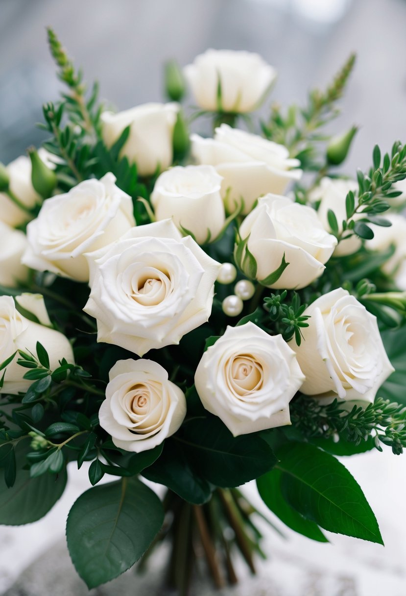 A delicate bouquet of white roses and greenery, with classic pearl studs nestled among the petals