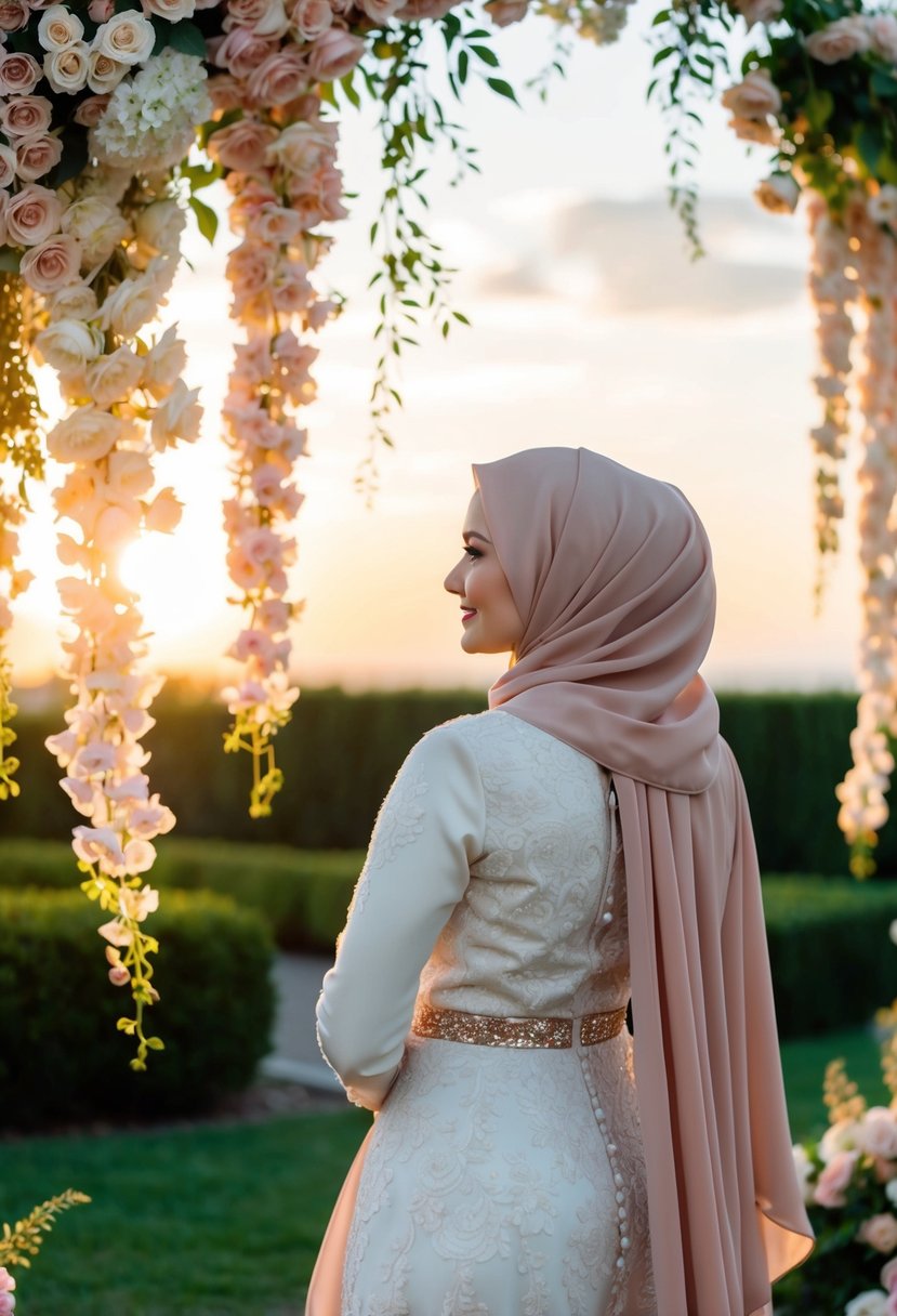 A bride wearing a flowing rose gold hijab, standing in a garden with cascading flowers, looking towards a sunset