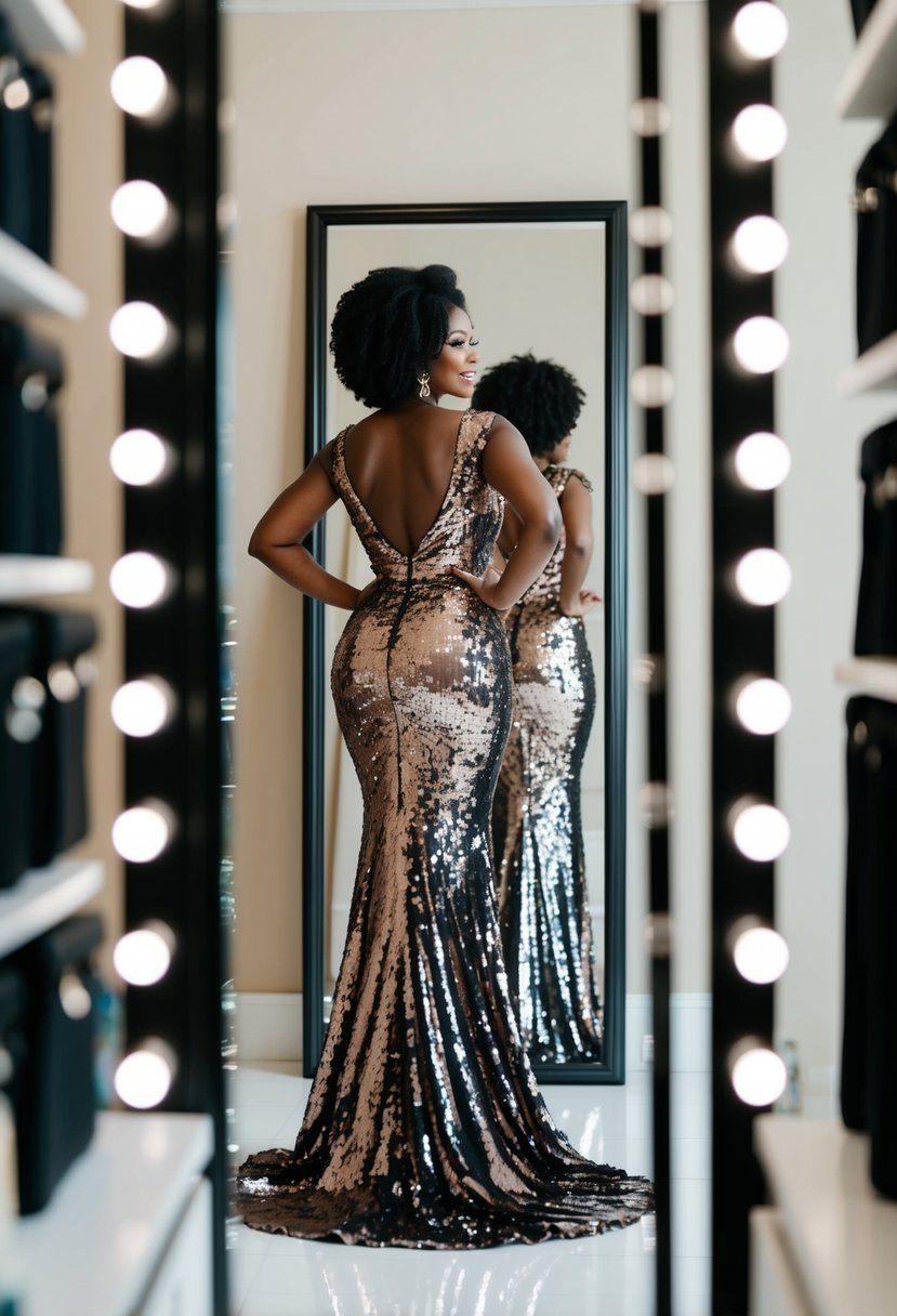 A black woman wearing a glamorous sequin gown, standing in front of a full-length mirror, admiring her reflection