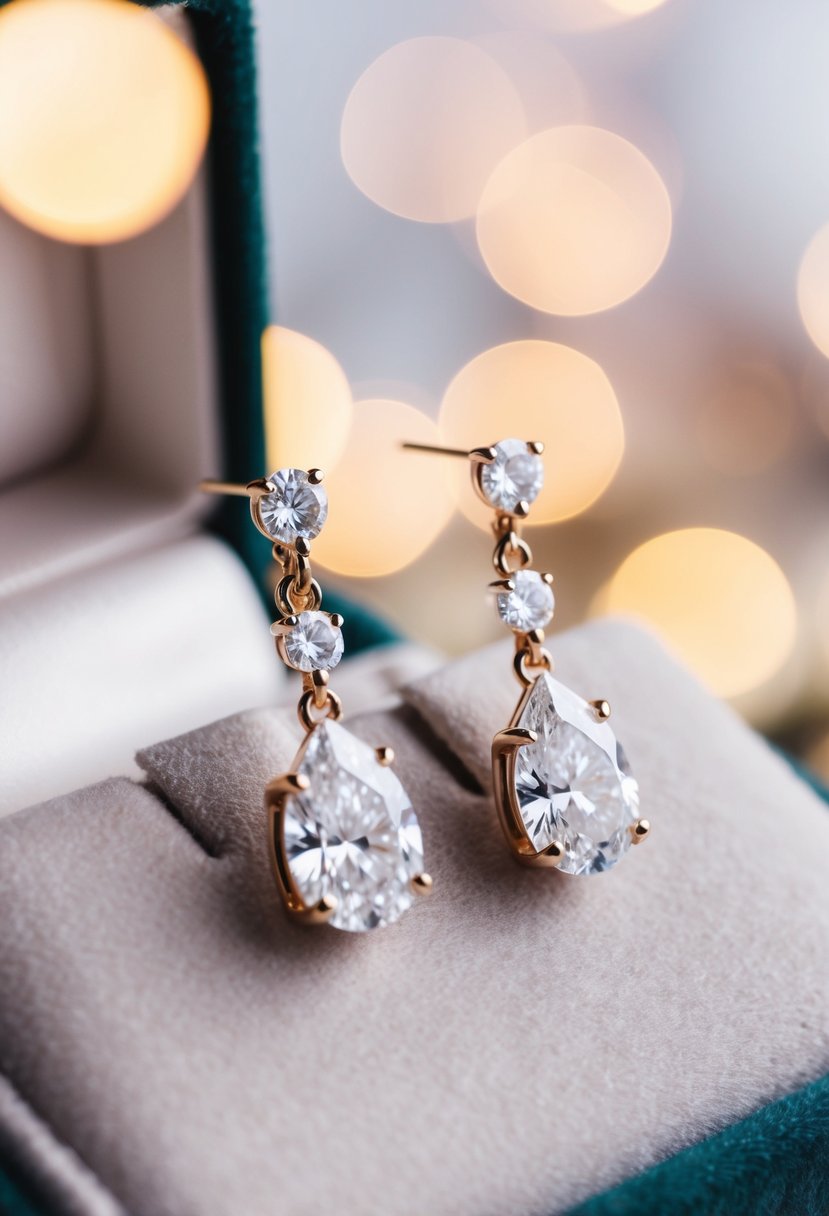 A pair of delicate diamond drop earrings displayed on a velvet cushion with soft lighting accentuating their sparkle