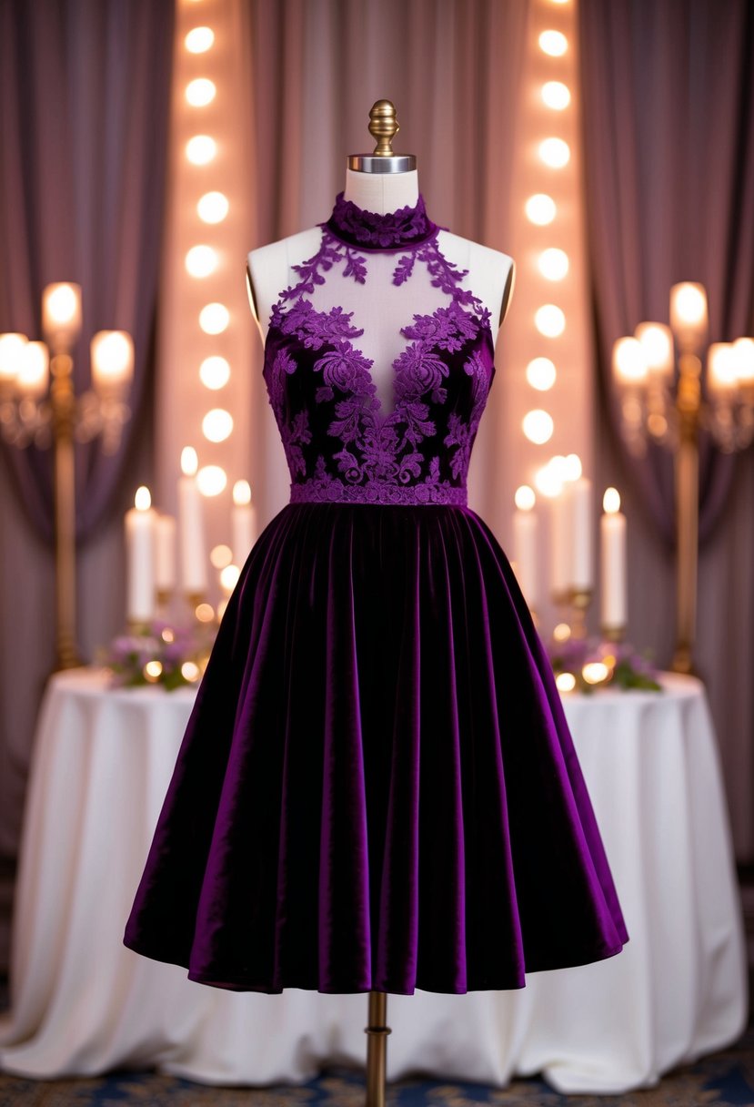 An elegant high-neck velvet dress in deep purple, with intricate lace detailing and a flowing A-line skirt, set against a romantic candlelit backdrop