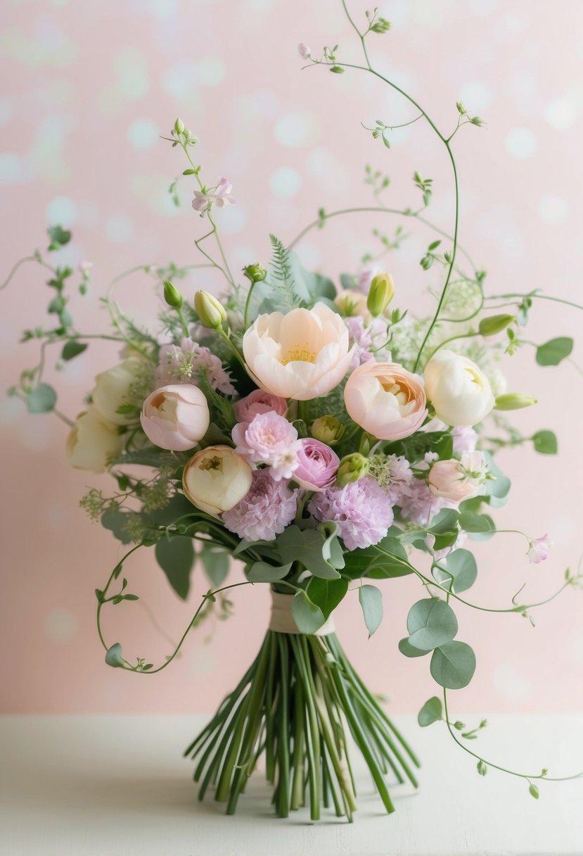 A delicate bouquet of blooming flowers, intertwined with delicate vines and leaves, set against a soft pastel background