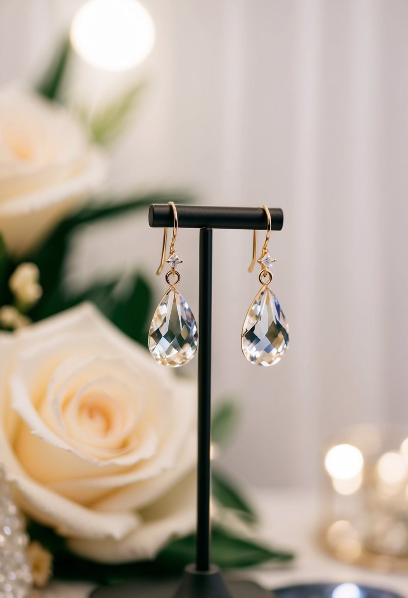 A delicate pair of crystal teardrop earrings hanging from a display stand, catching the light and sparkling in a soft, romantic setting