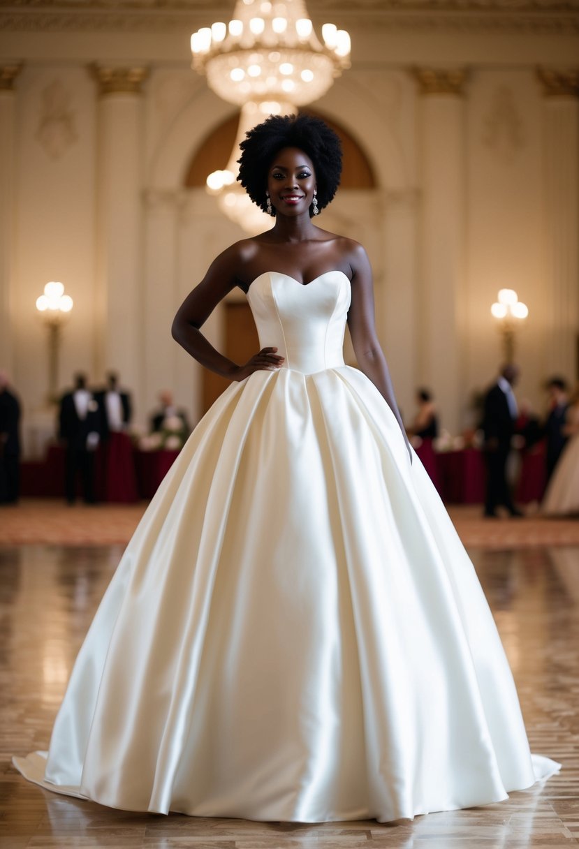 A black woman stands in a grand ballroom, wearing a classic satin ballgown wedding dress. The dress features a full skirt and a fitted bodice, creating a timeless and elegant silhouette