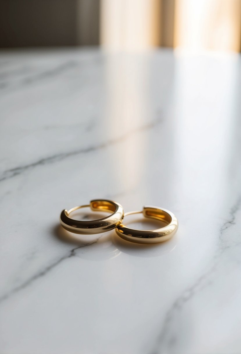 A white marble table with a single pair of delicate gold hoop earrings placed on it, with soft natural light casting a gentle glow on the jewelry