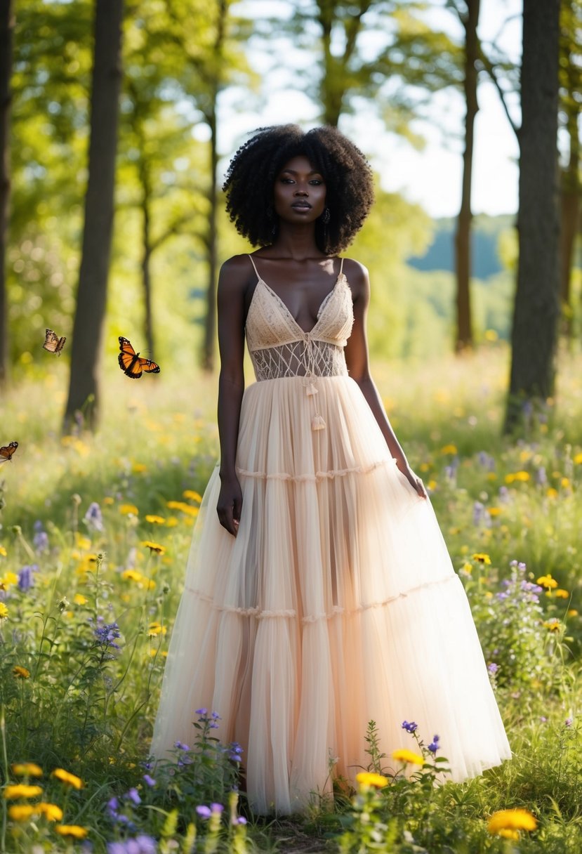 A black woman in a bohemian tulle gown stands in a sun-dappled forest clearing, surrounded by wildflowers and butterflies