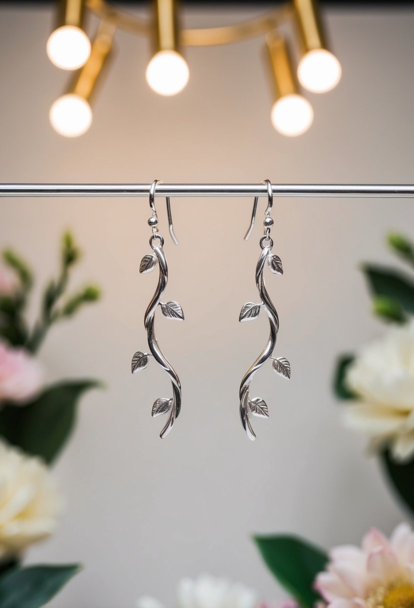 A delicate pair of silver vine earrings hanging from a display, surrounded by soft lighting and floral accents