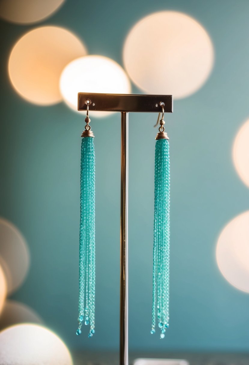 Two delicate aquamarine threader earrings dangle from a display stand, catching the light and casting a soft, shimmering glow