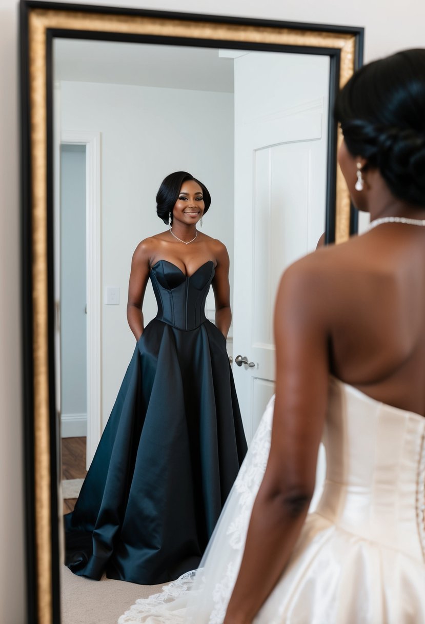 A black woman in a modern corset dress with a V-neck, standing in front of a full-length mirror, admiring her wedding gown