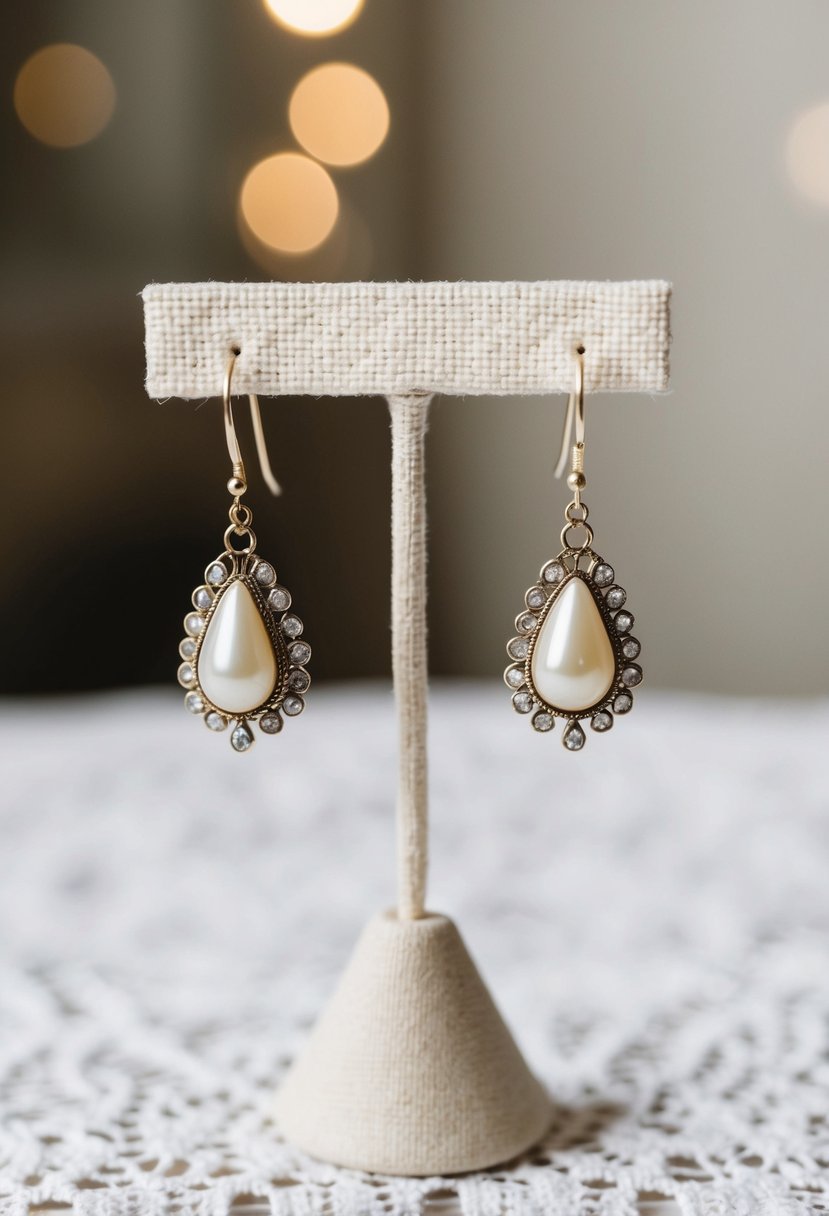 A delicate pair of vintage pear drop earrings displayed on a lace-covered jewelry stand