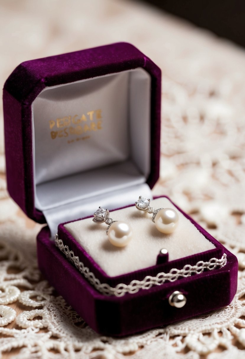 A delicate pair of pearl and silver earrings on a lace-trimmed velvet jewelry box