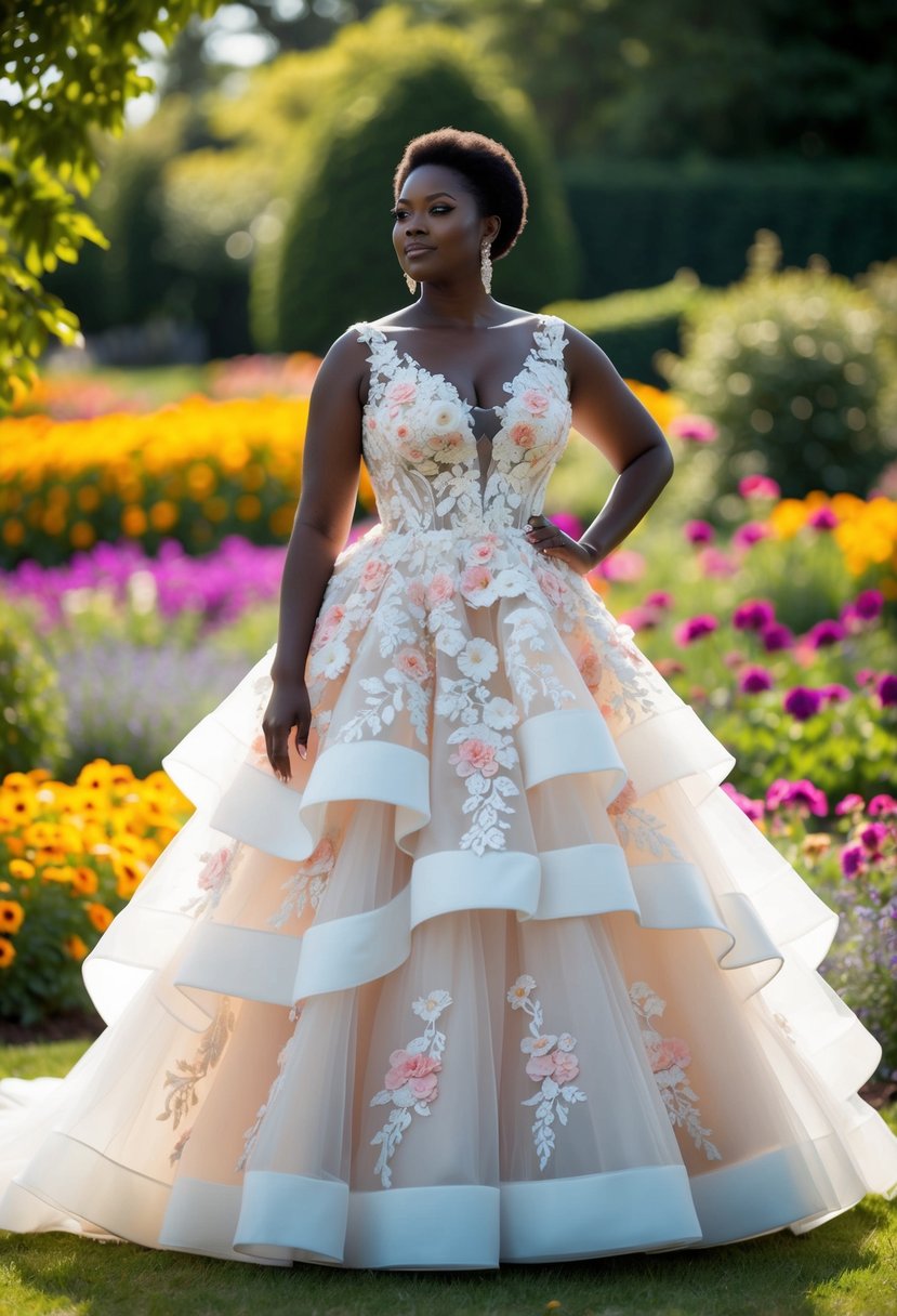 A black woman stands in a garden of vibrant flowers, wearing a stunning floral appliqué wedding dress. The dress cascades in layers of tulle and lace, creating a dramatic and elegant silhouette