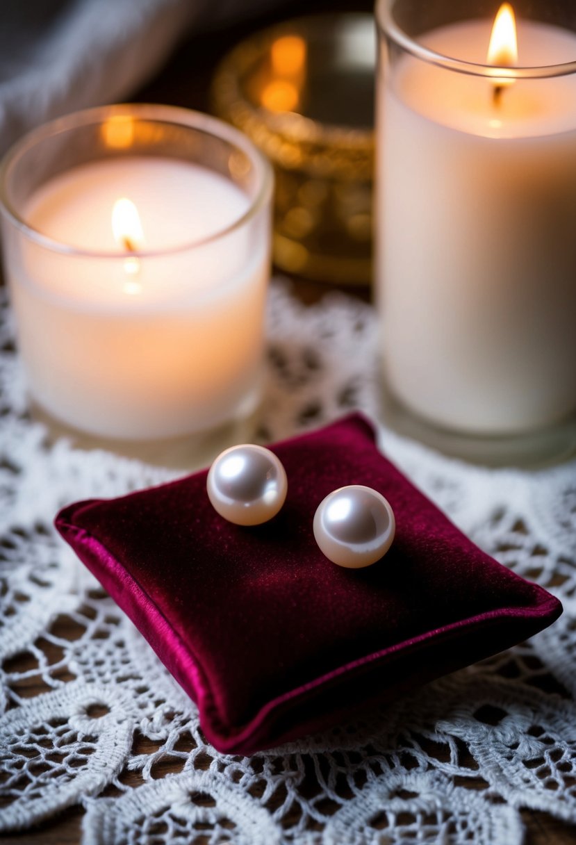 A pair of pearl studs resting on a velvet cushion, surrounded by soft candlelight and delicate lace