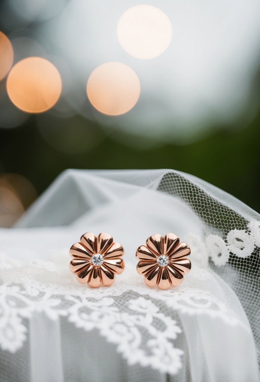 Two delicate rose gold studs on a white lace bridal veil