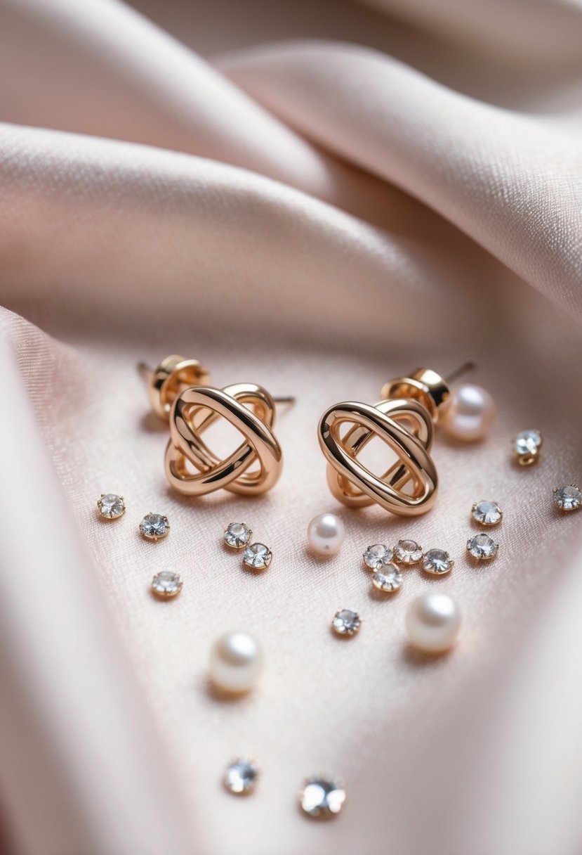 Two delicate infinity knot earrings resting on a soft, pastel-colored fabric with a subtle shimmer, surrounded by tiny sparkling crystals and pearls