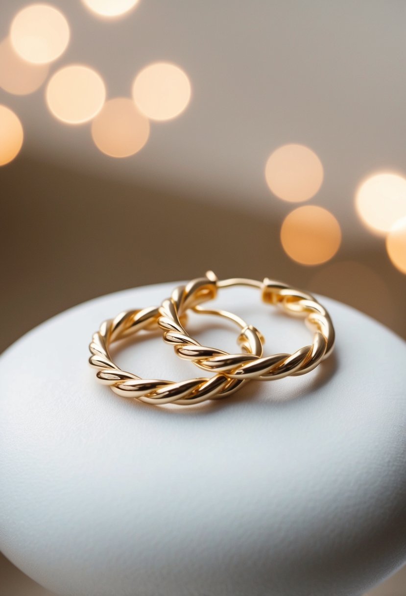 A pair of gold hoop earrings with a simple twist design, resting on a smooth, white surface with soft lighting