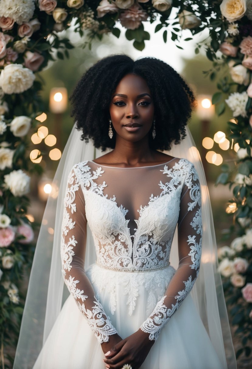 A black woman in a romantic long-sleeve lace wedding dress, surrounded by flowers and soft lighting