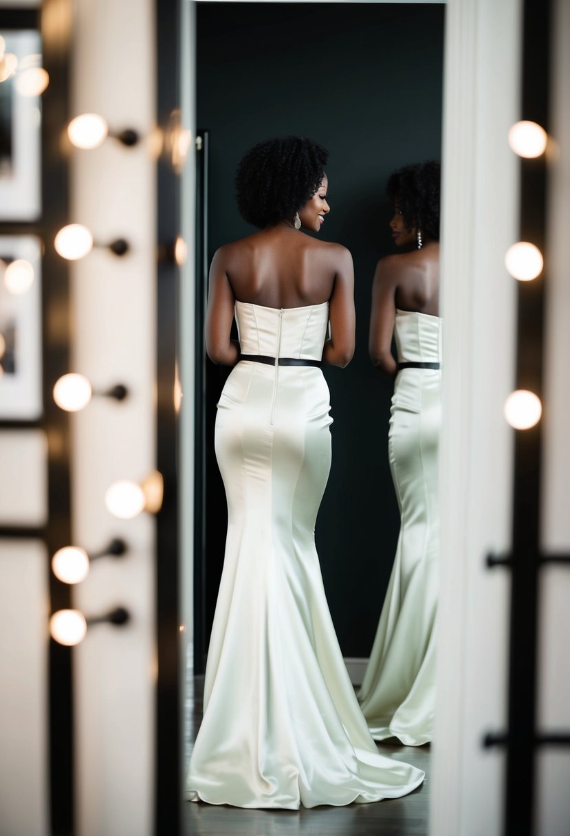 A black woman in a sophisticated strapless satin gown, standing in front of a full-length mirror, admiring her reflection