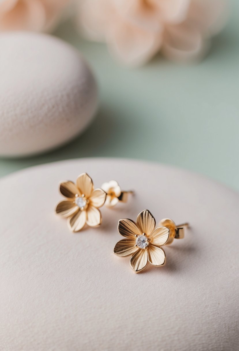 A pair of delicate gold floral drop earrings resting on a soft, pastel-colored surface