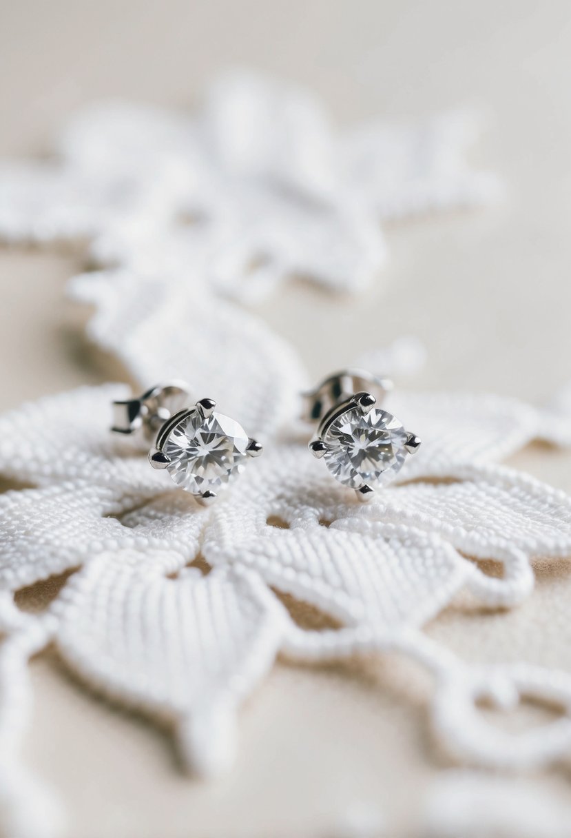 Two delicate diamond stud earrings sparkle against a soft, white lace background, evoking a sense of elegance and romance