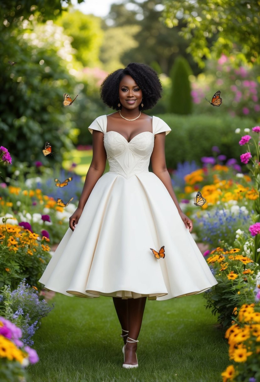 A black woman wearing a whimsical tea-length wedding dress, surrounded by colorful flowers and butterflies in a lush garden setting