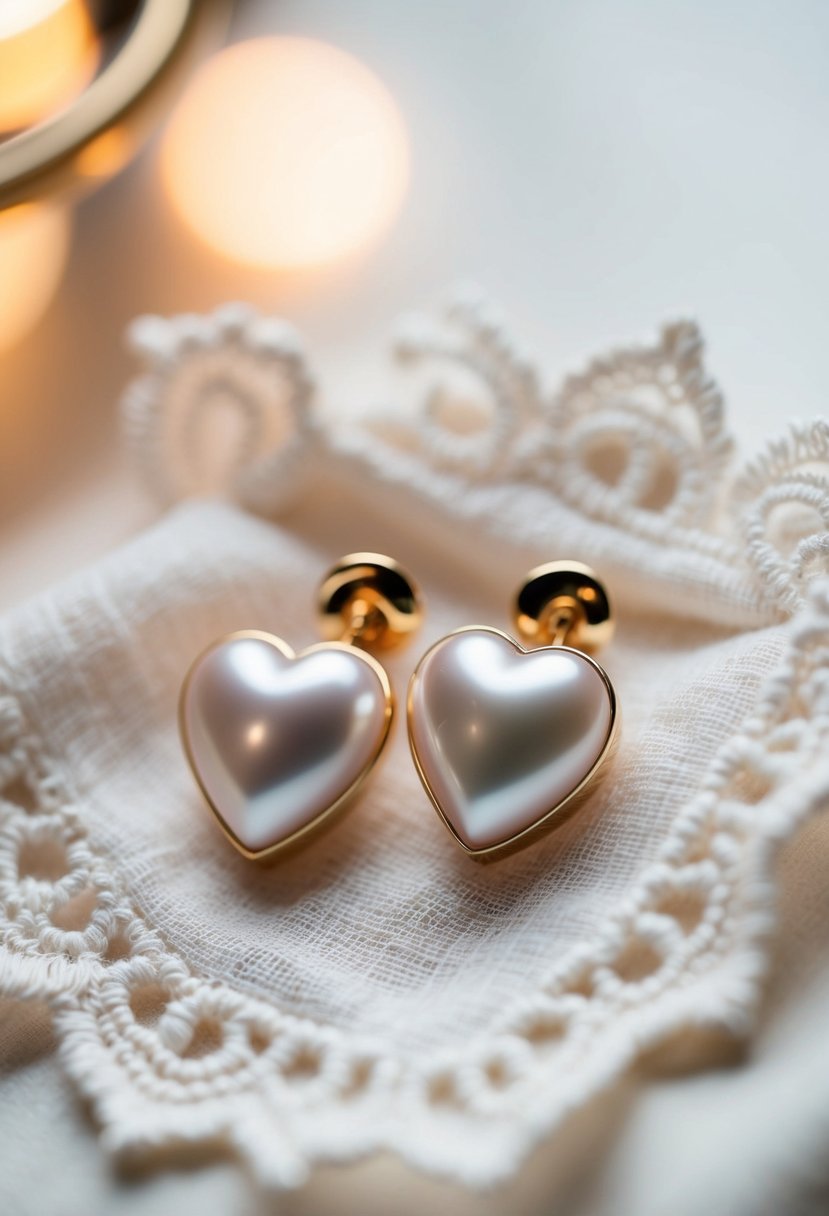 Heart-shaped pearl earrings displayed on a delicate lace cloth with soft lighting