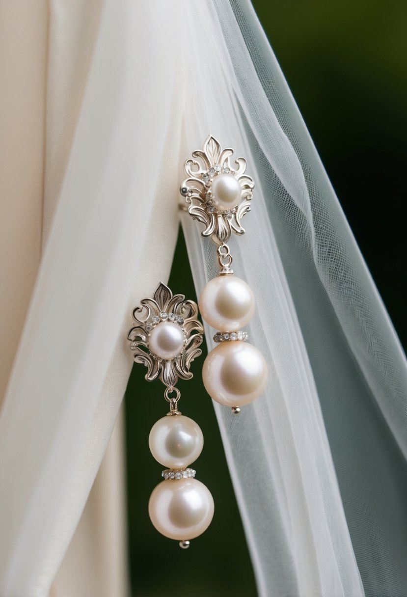 A pair of baroque pearl earrings delicately climbing up a wedding veil or dress