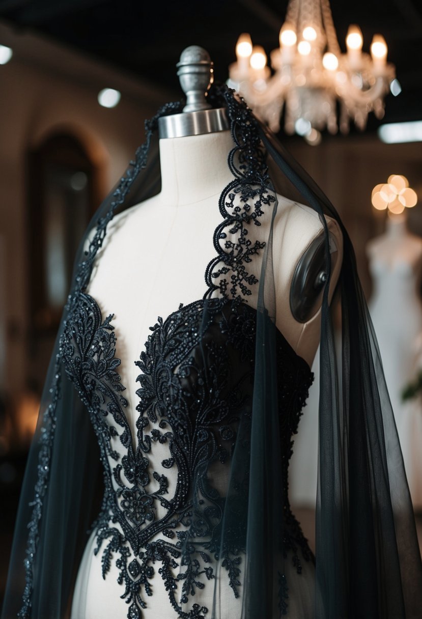 A gothic-inspired black wedding dress drapes over a mannequin, adorned with lace, tulle, and intricate beading