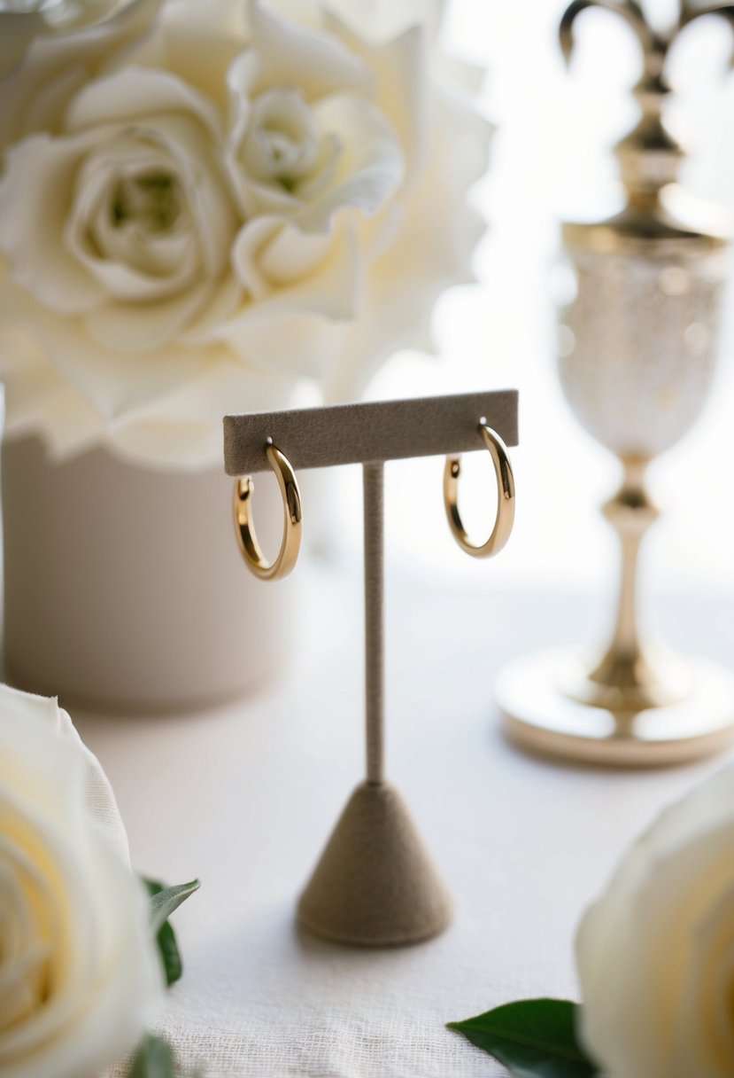 A delicate pair of 14k gold mini hoops dangle from a small display stand, surrounded by soft, romantic wedding decor