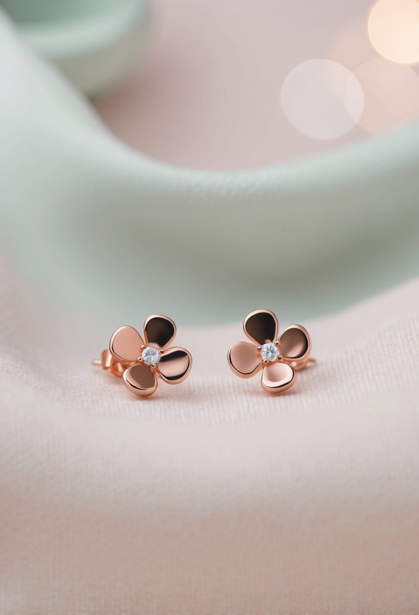 A pair of delicate rose gold stud earrings resting on a soft, pastel-colored fabric background